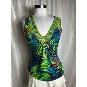 Boston Proper Tropical Embellished V-Neck Sleeveless Top XS Green Blue